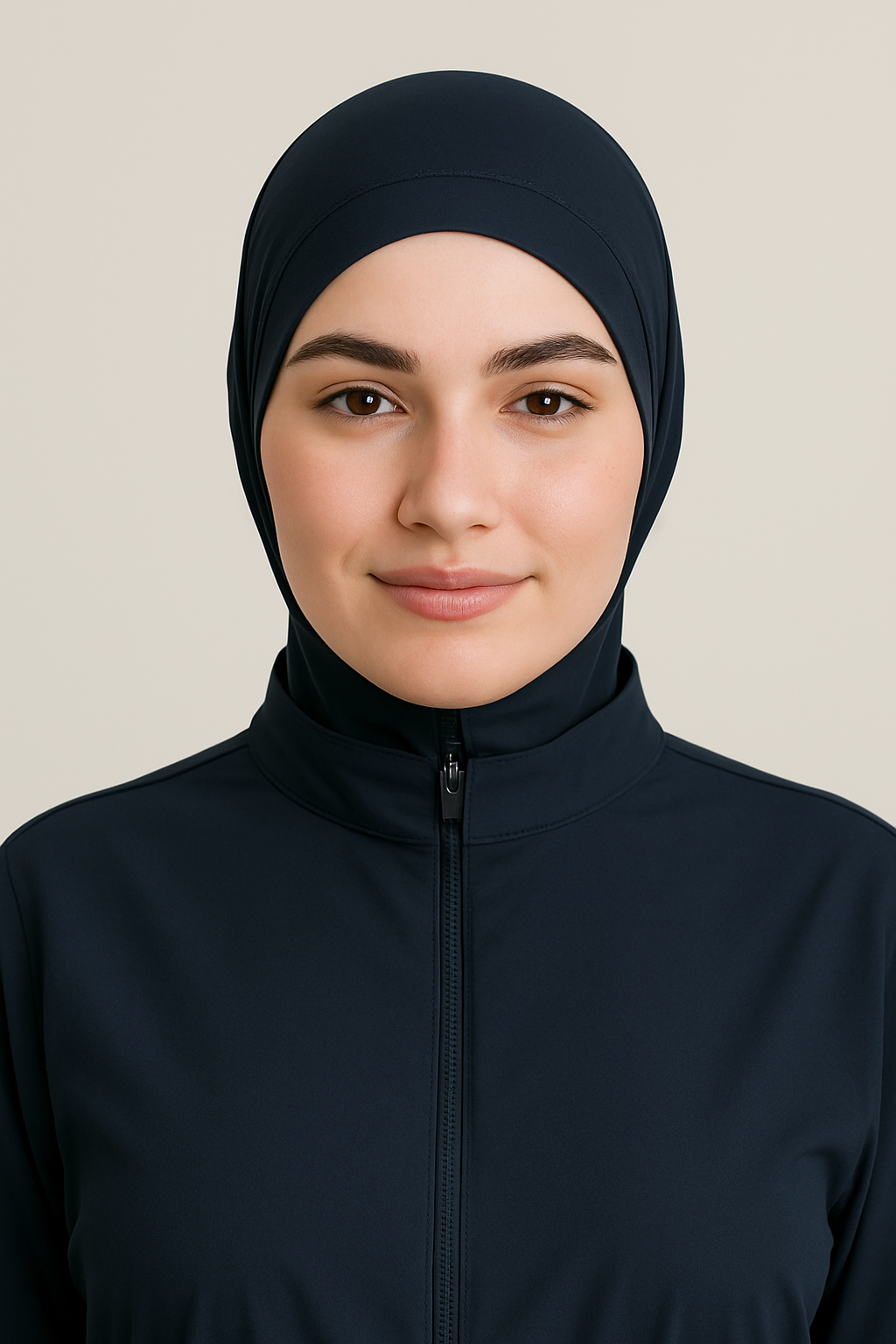 Frontalansicht einer Frau, die eine schwarze Badekappe (Hijab) aus dehnbarem Stoff und den oberen Bereich eines schwarzen Burkinis mit Reißverschluss trägt.