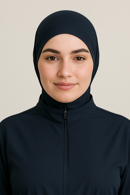 Frontalansicht einer Frau, die eine schwarze Badekappe (Hijab) aus dehnbarem Stoff und den oberen Bereich eines schwarzen Burkinis mit Reißverschluss trägt.