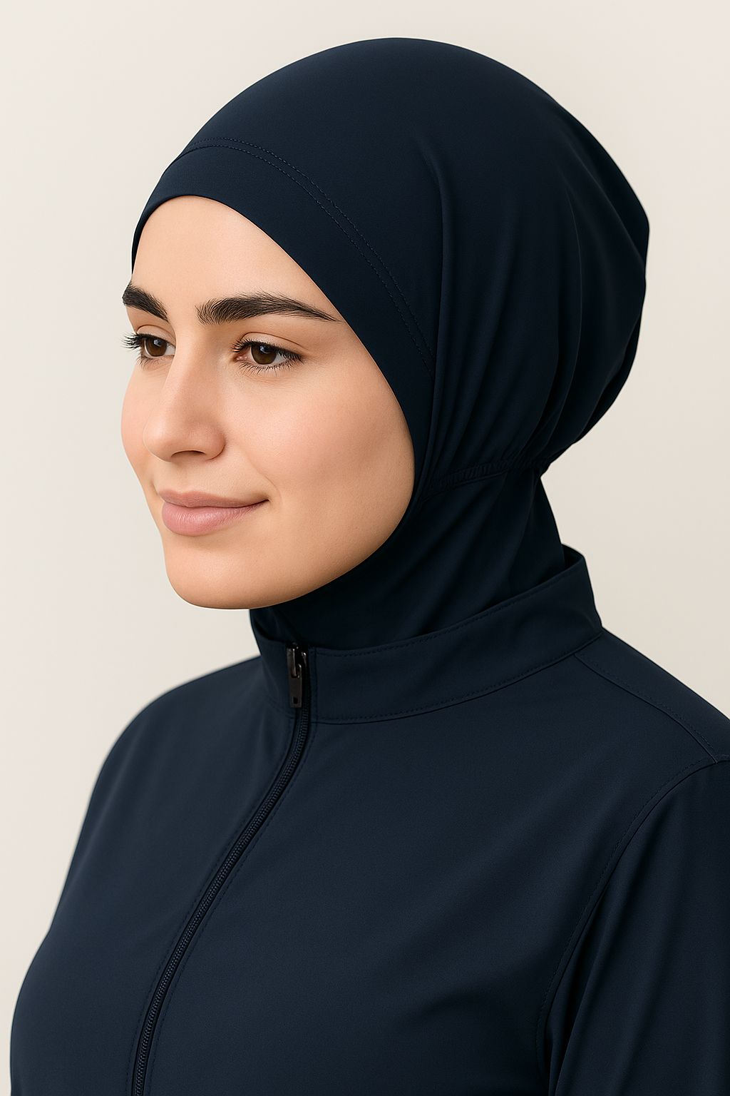 Nahaufnahme einer Frau, die eine schwarze Badekappe (Hijab) aus dehnbarem Stoff mit Raffung im Nackenbereich und den Reißverschluss eines schwarzen Burkinis trägt.